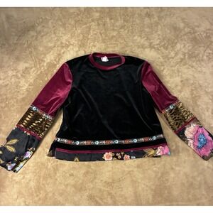 VTG FL Malik Women Top XL Velvet Mixed Media Embroidered Floral Black Burgundy